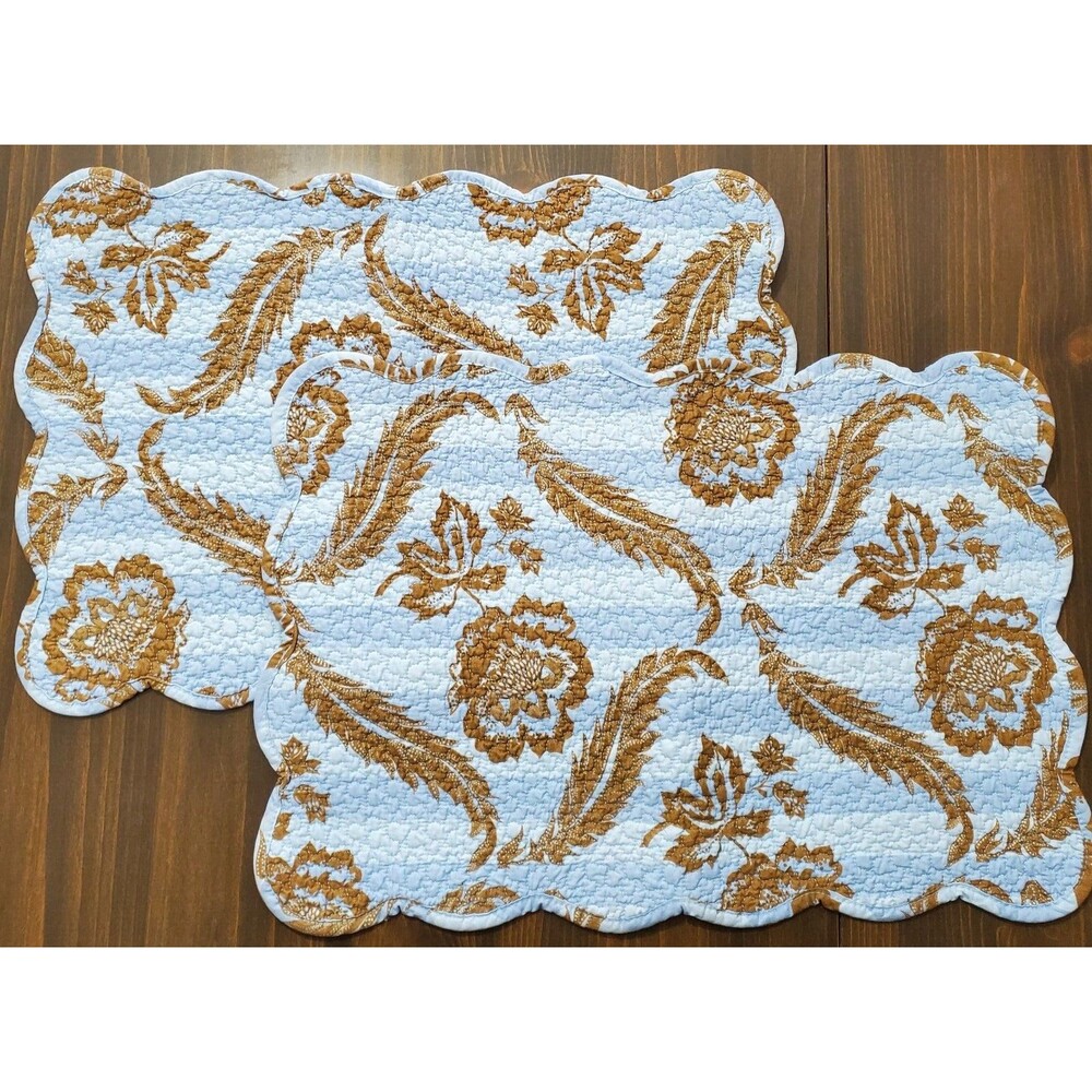 NOBILITY Placemats 2 Quilted Scallop Edge Blue Brown Floral Reversible 19" x 13"